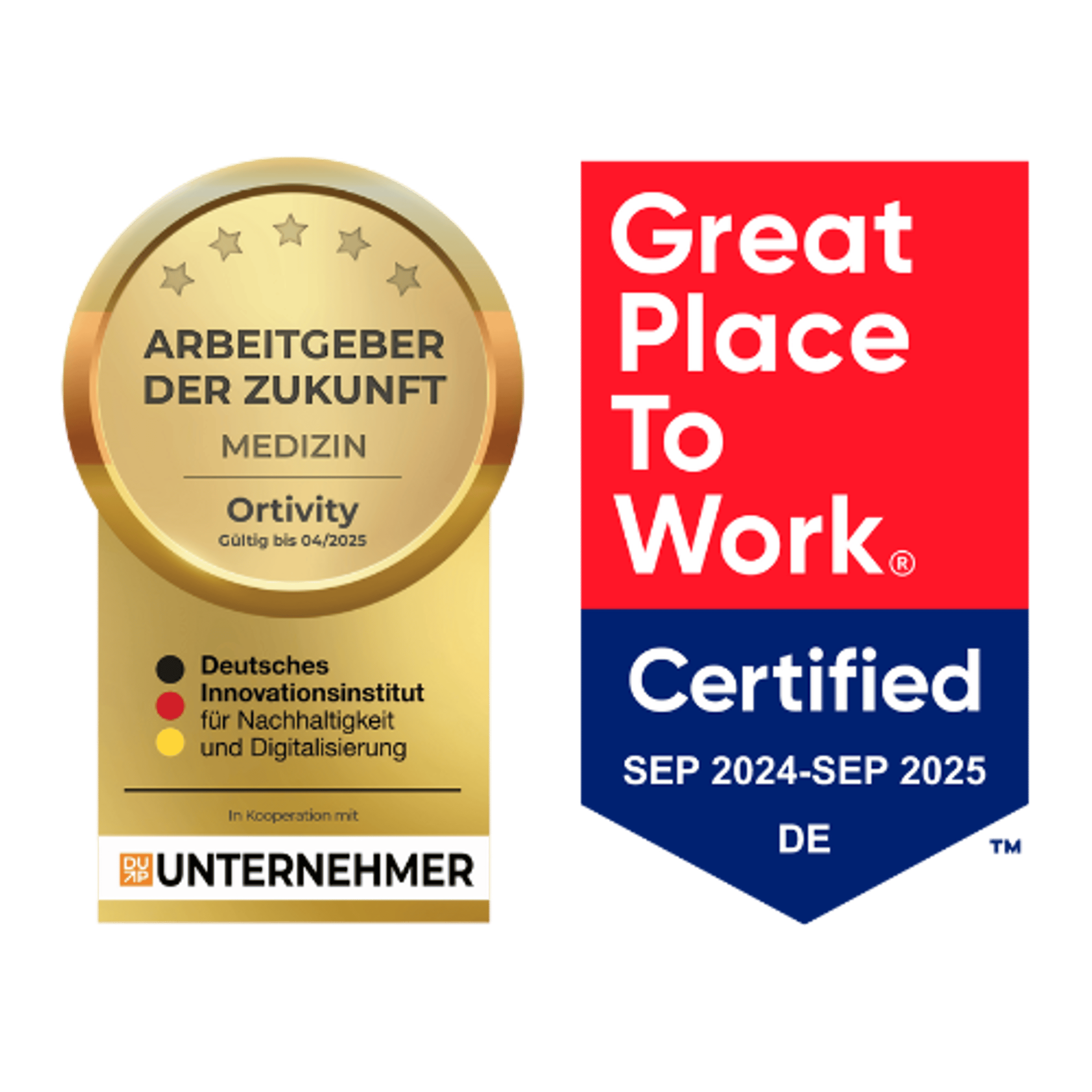 Auszeichnungen: Arbeitgeber der Zukunft Medizin (Ortivity), Great Place to Work Certified